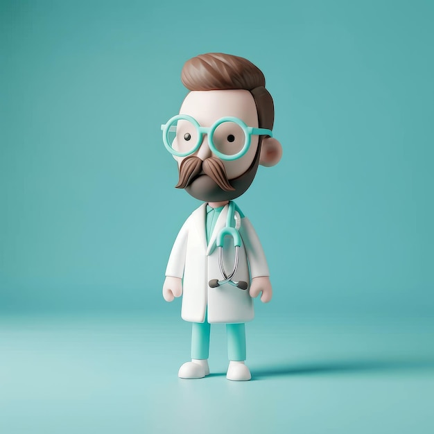 D style cute cartoon character of a medical doctor against a bright color background