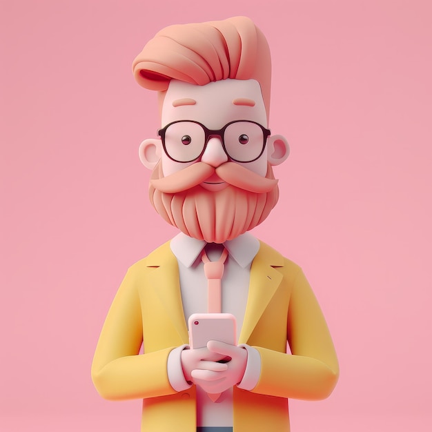 D style cute cartoon character of a trendy businessman using a mobile phone