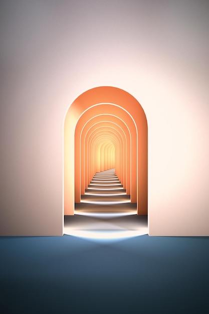D surreal render abstract arch tunnel peach fuzz color vertical background
