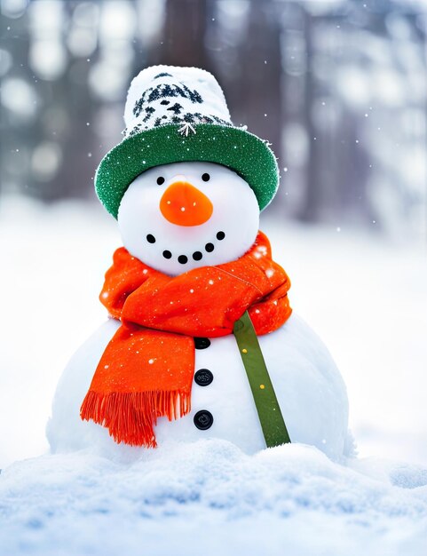 Foto d tekening van een schattige sneeuwman in een groene hoed en een oranje heldere sjaal