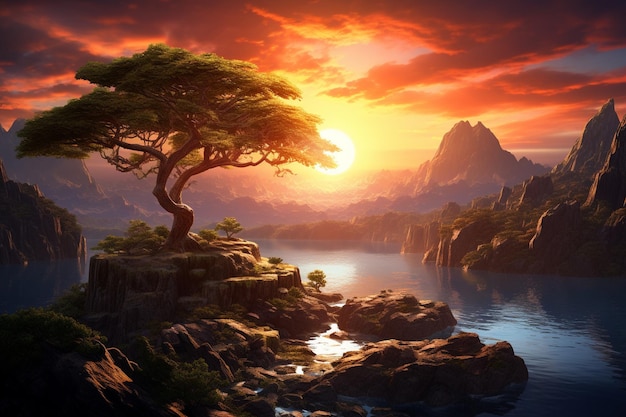 d tree and mountain landscape at the sunrise