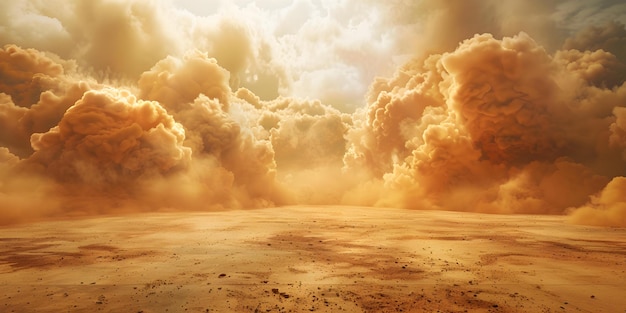 Foto d visualizzazione di un paesaggio desertico apocalittico con tempesta di sabbia e nubi drammatiche concept 3d visualizzazione paesaggio deserto apocalittico effetti tempesta di sandia nubi drammatiche