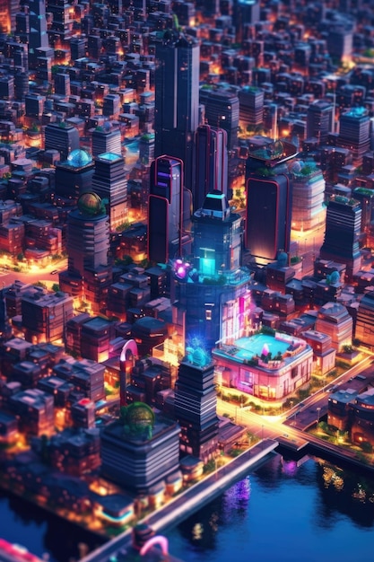D-weergave van een futuristische stad aangedreven door datatechnologie gemaakt met generatieve AI