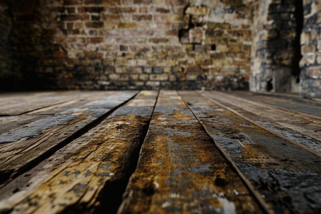 Photo d wooden table against defocussed brick wall