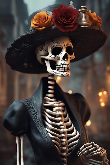 Da de los muertos female skeleton transfixing hell scenes realist detail full body shot trend