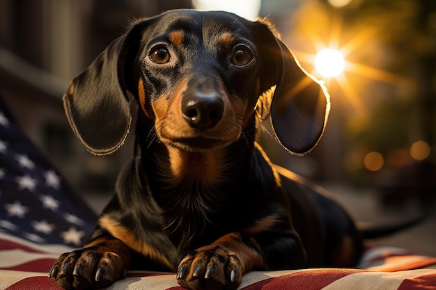 dachshund American flag around the neck sunny weather in nature