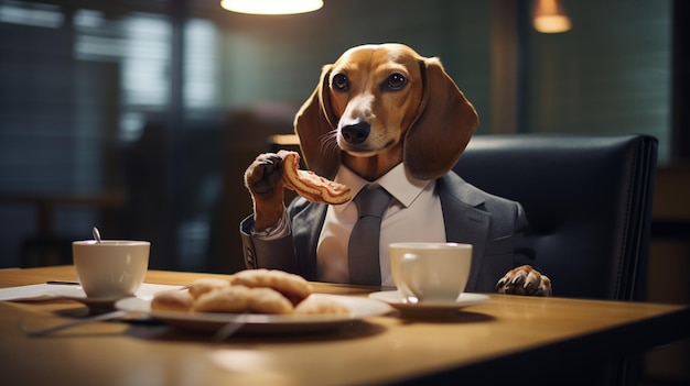 Photo dachshund dog eating a hot dog