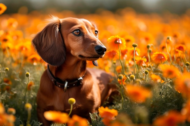 花の畑のダックシュンド犬