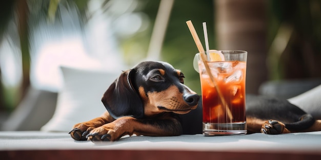 ダックスフント犬は海辺のリゾートで夏休みを過ごし、ハワイの夏のビーチでリラックスした休息をとっています