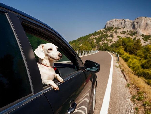 Dachshund Dog Looks out of a Black Car on a Mountain Road AI Generated