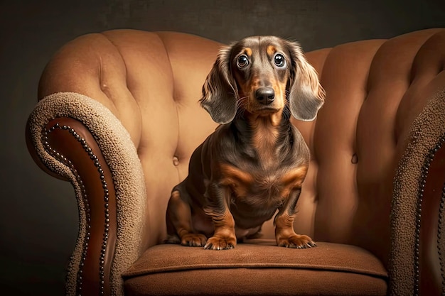 ダックスフント犬は肘掛け椅子に座って、所有者のジェネレーティブ ai イラストを見ます
