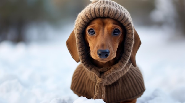 Dachshund dog in winter clothes on a snowy street background