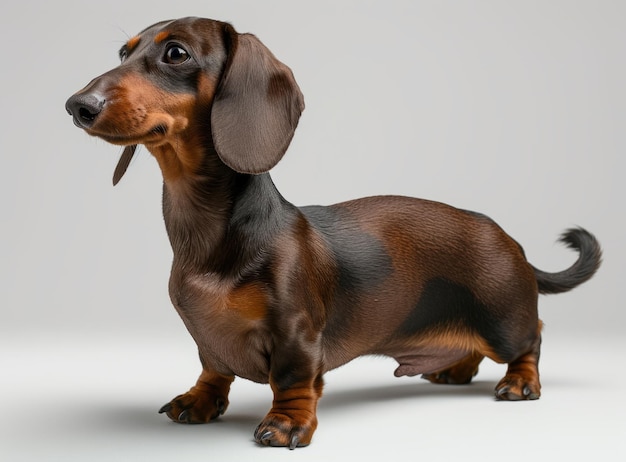 A Dachshund dog with a shiny black and tan coat looking up isolated on a white background