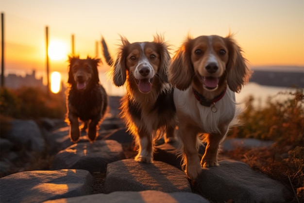 Dachshund en spaniel in een groep honden bij zonsondergang