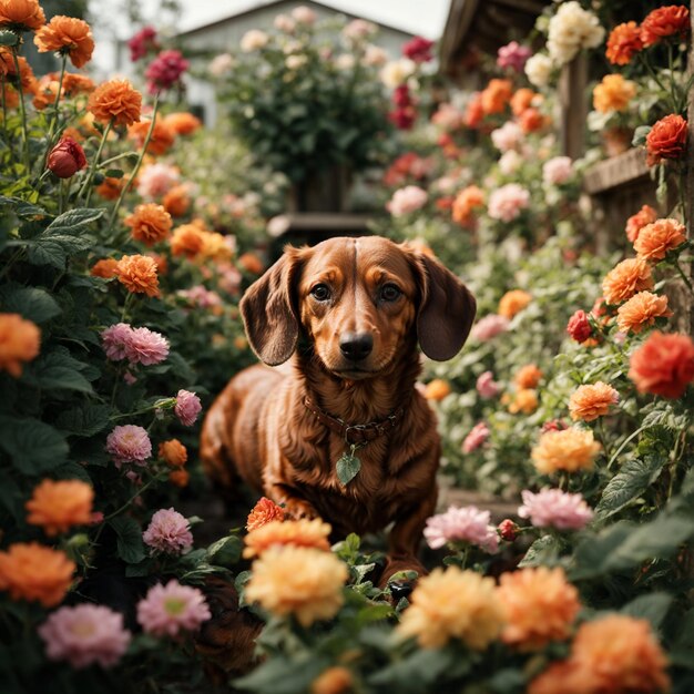 A Dachshund exploring a charming flowerfilled garden with its long curious nose