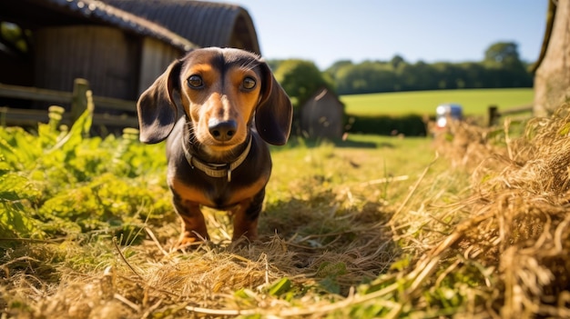 A dachshund exploring a quiet countryside farm