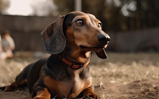 Photo dachshund is sitting on the grass in the park professional advertising post photo ai generated