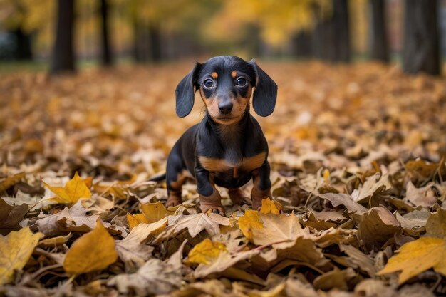 Foto dachshund che gioca tra le foglie d'autunno