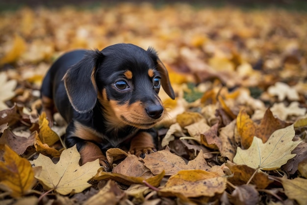 Photo dachshund playing in autumn leaves