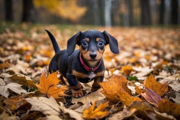 Dachshund playing in autumn leaves