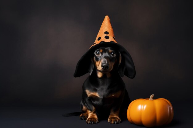 Dachshund puppy gekleed in grappige heks Halloween kostuum