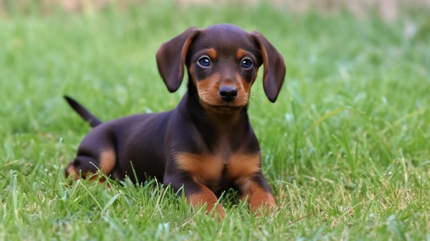 A dachshund puppy laying in the grass