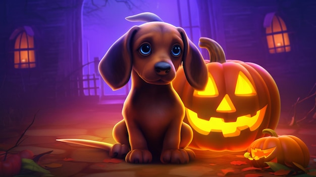 Photo dachshund puppy peeking behind pumpkin jackolantern ai generative
