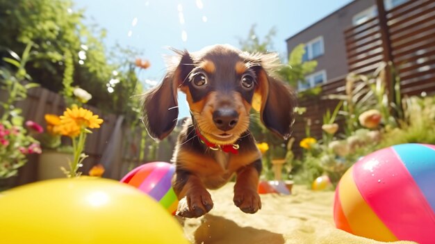 A dachshund puppy playing with a colorful beach ball in a sunny backyard