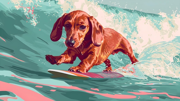 Dachshund puppy surfing in the ocean making colorful splashes along the coast pink and blue colors