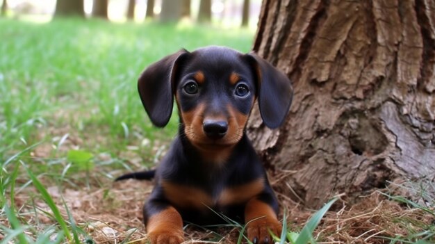 A dachshund puppy with a brown face sits in front of a tree