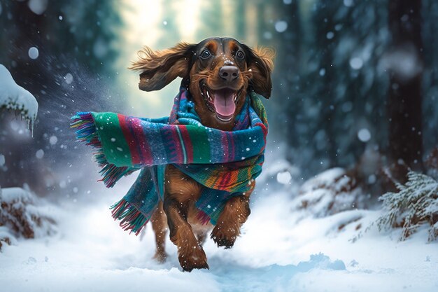Dachshund running through the snow with scarf wrapped around its neck Generative AI