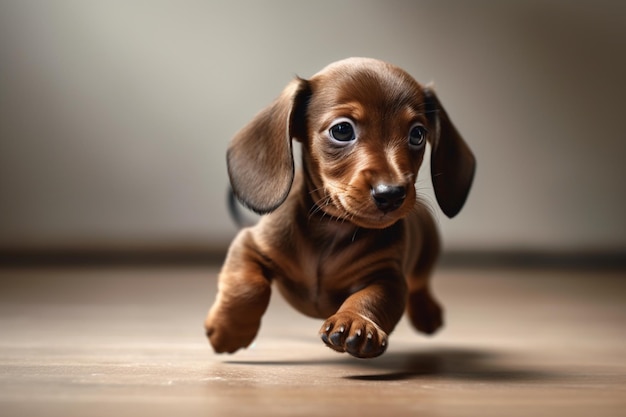 A dachshund running on a wooden floor.