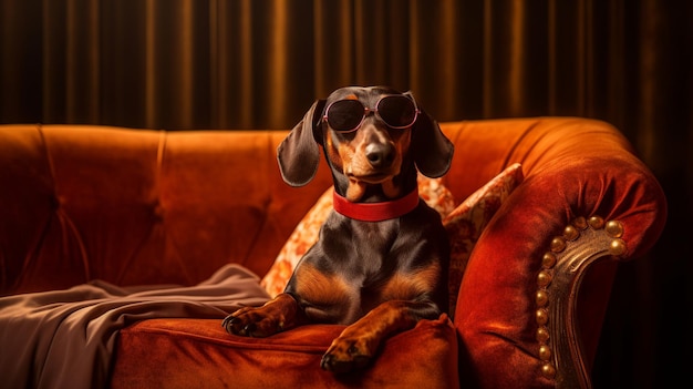 A dachshund sits on a couch wearing goggles
