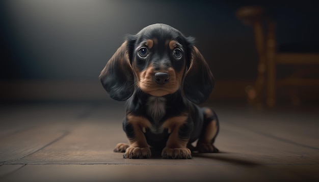 A dachshund sits on a wooden floor with a dark background.