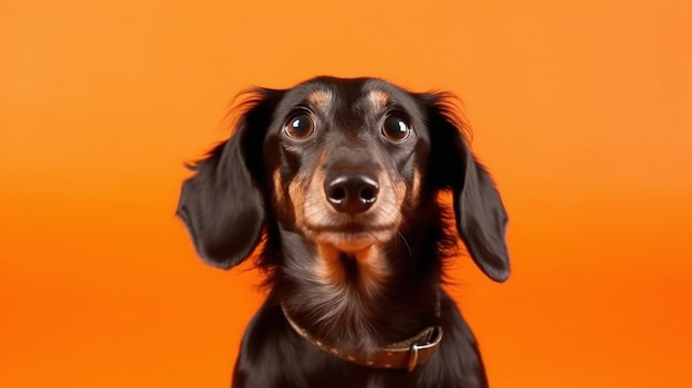 Dachshund sitting on orange background