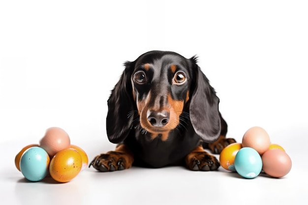 Dachshund surrounded by colorful Easter eggs created with Generative AI technology