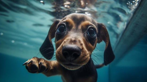 A dachshund swimming underwater with its eyes wide open.