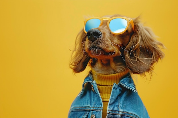 Dachshund wearing clothes and sunglasses on Yellow background