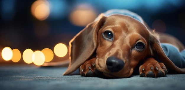 Photo dachshund with a sad face lies on a bed