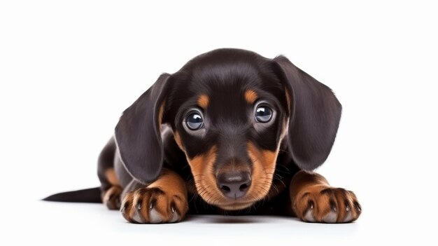 Foto dachshundpuppy kijkt over een houten plank