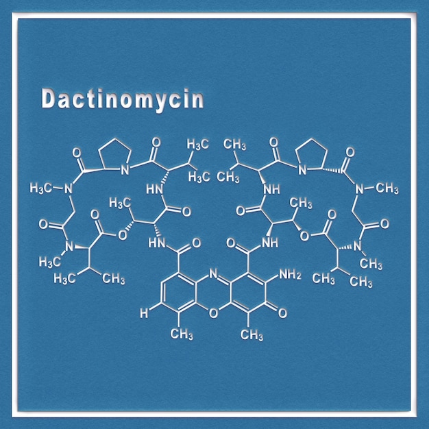 Dactinomycin 암 화학 요법 약물, 흰색 배경에 구조 화학식