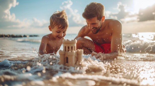 Dad and the boy in the red swimming pool have a castle on the beach in the ocean Its a sunny day