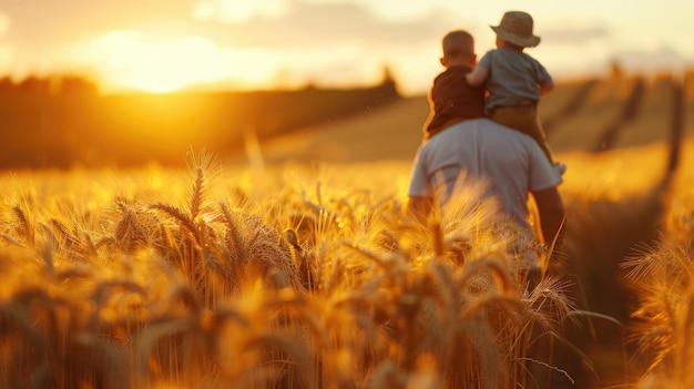 Dad carries his children on his shoulders through a field of wheat