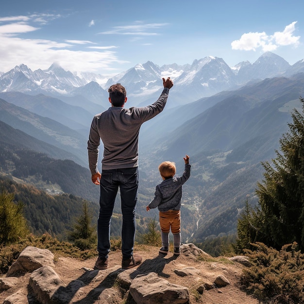 Dad and child standing in front of the mountains generative AI