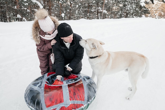 Photo dad and daughter are preparing sleds for skiing the dog is playing