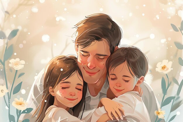 Отец нежно обнимает своих двух детей