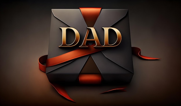 Dad golden letters on a black gift box with red ribbon and black background for father's day