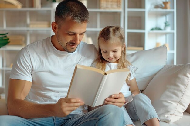 dad and his little daughter are reading a book in the living room Spending time together as a family