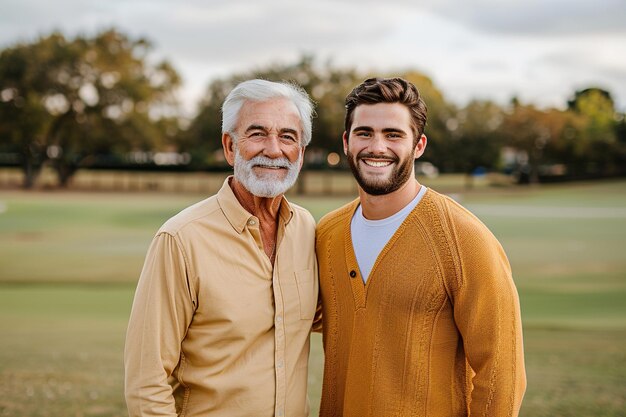 Photo dad and his son hug each other in the green field looking at the camera