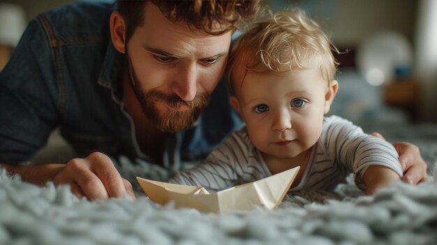 Foto papà e figlio piccolo che imprecano su una barca di carta